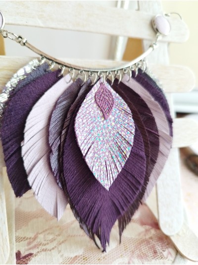 Leather feather necklace, lilac purple evening jewelry. 