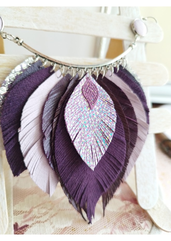 purple bib leather feather necklace