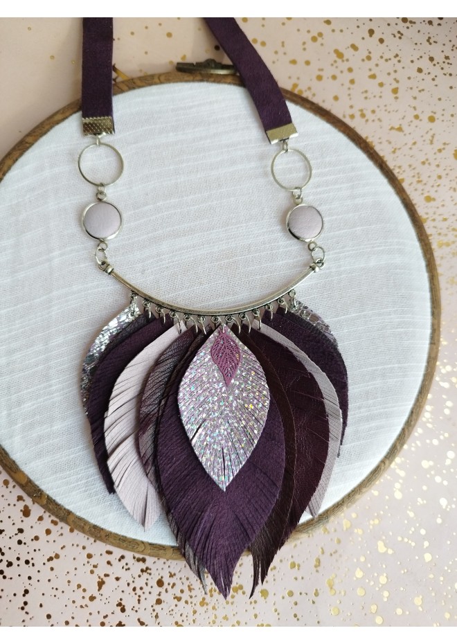 purple bib leather feather necklace