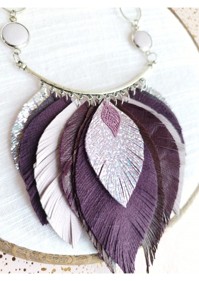 purple bib leather feather necklace