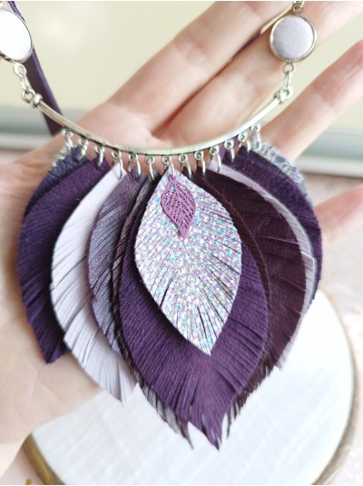 Leather feather necklace, lilac purple evening jewelry. 