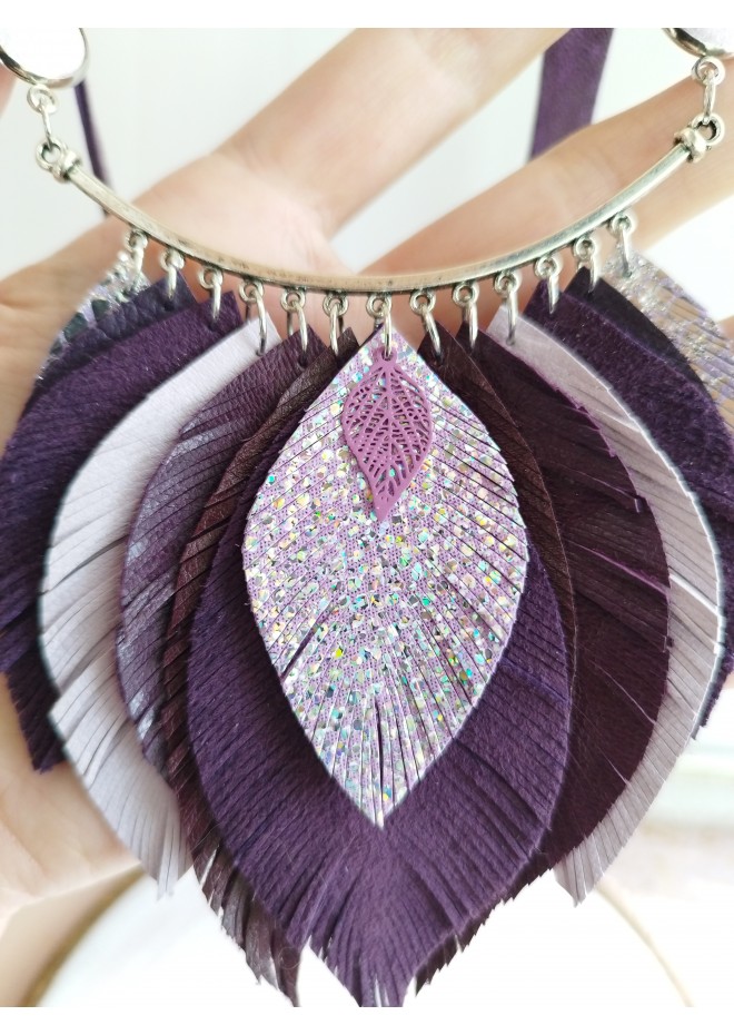purple bib leather feather necklace