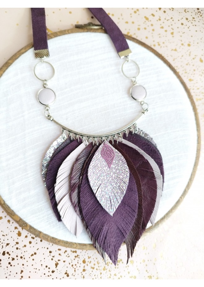 purple bib leather feather necklace