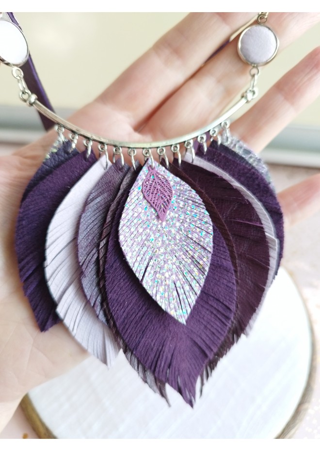 purple bib leather feather necklace
