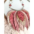 pink  leather feather bib necklace