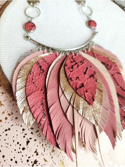 Rose pink leather feather necklace, bib evening jewelry 