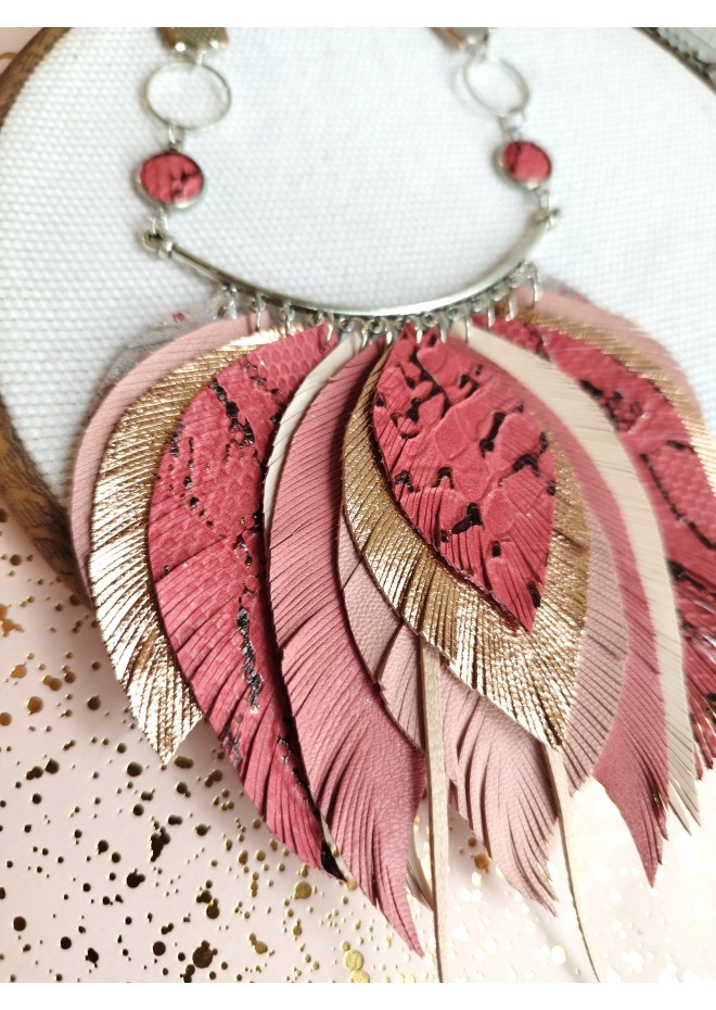 pink  leather feather bib necklace