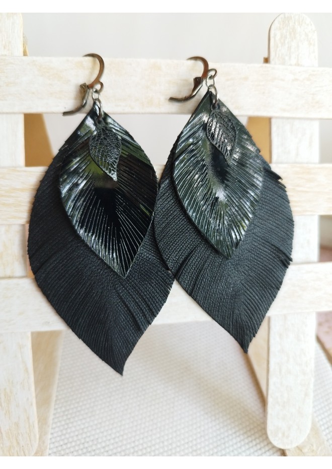 leather feather earrings black genuine leather jewelry 
