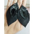 leather feather earrings black genuine leather jewelry 