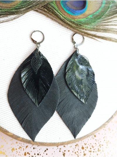 Total black leather feather earrings,  handmade genuine leather jewelry.