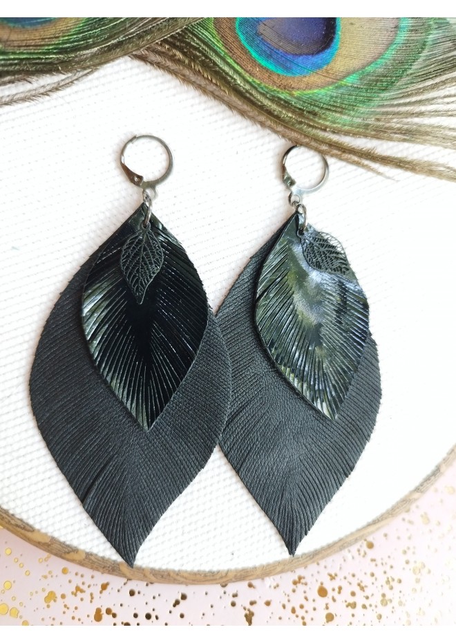 leather feather earrings black genuine leather jewelry 