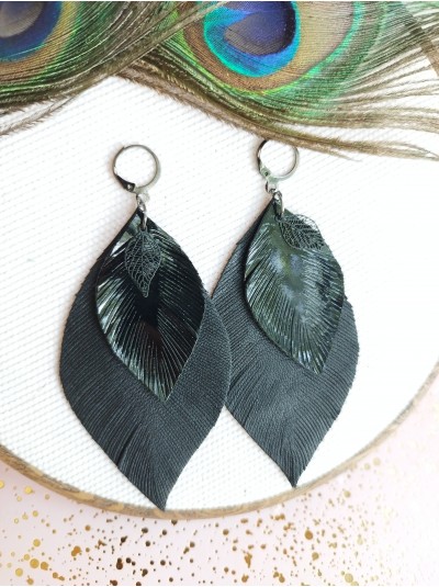 Total black leather feather earrings,  handmade genuine leather jewelry.