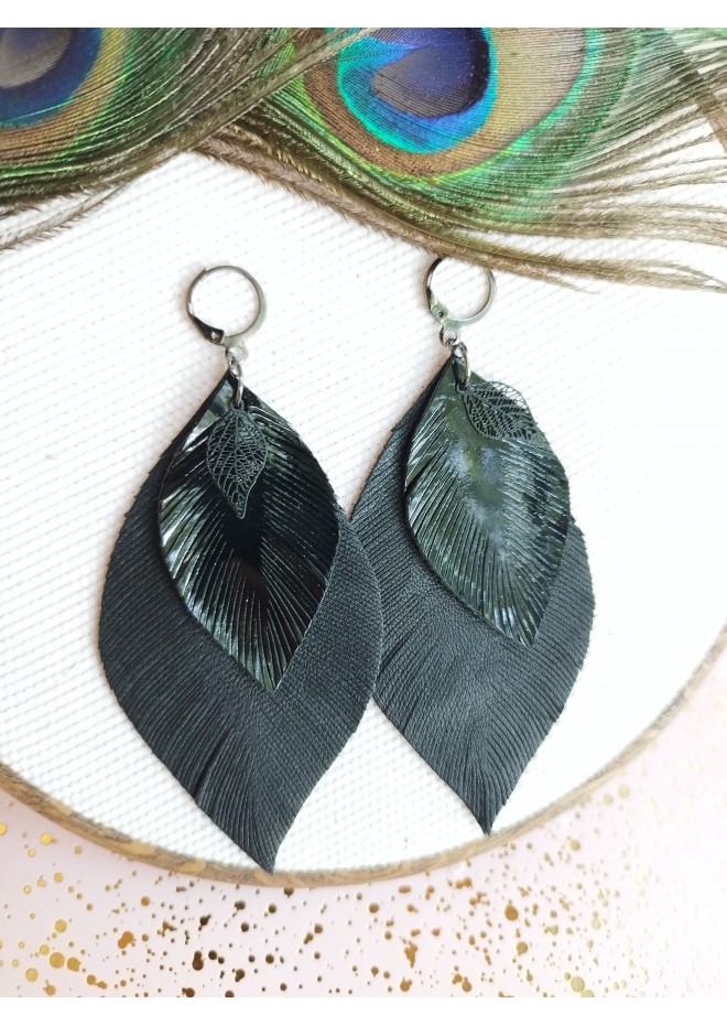 leather feather earrings black genuine leather jewelry 