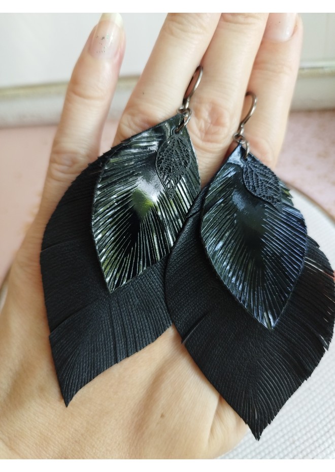 leather feather earrings black genuine leather jewelry 