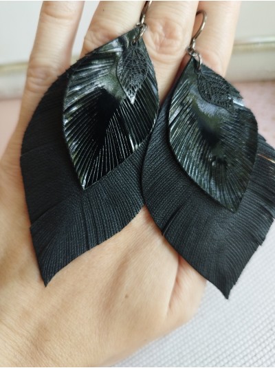 Total black leather feather earrings,  handmade genuine leather jewelry.