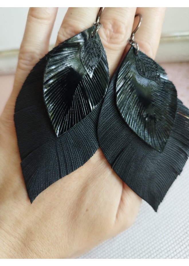leather feather earrings black genuine leather jewelry 
