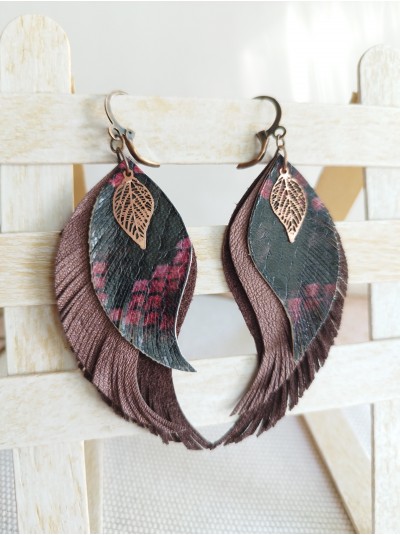 Burgundy leather wings earrings.