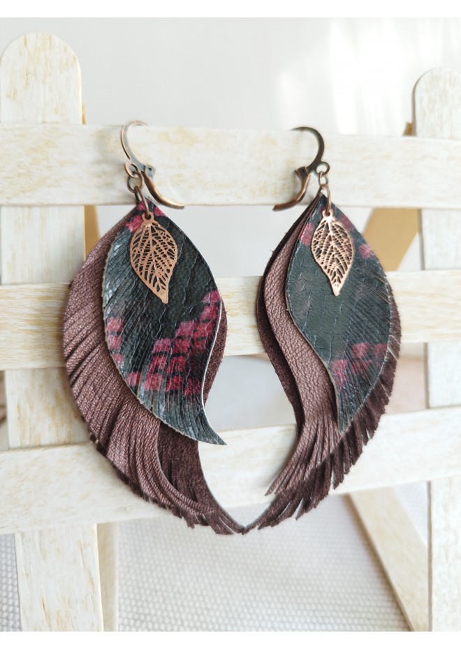 burgundy long feathers earrings genuine leather jewelry  