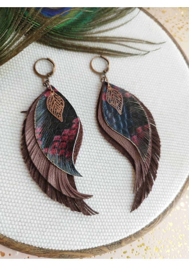 burgundy long feathers earrings genuine leather jewelry  