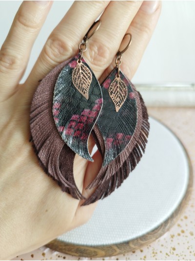 Burgundy leather wings earrings.