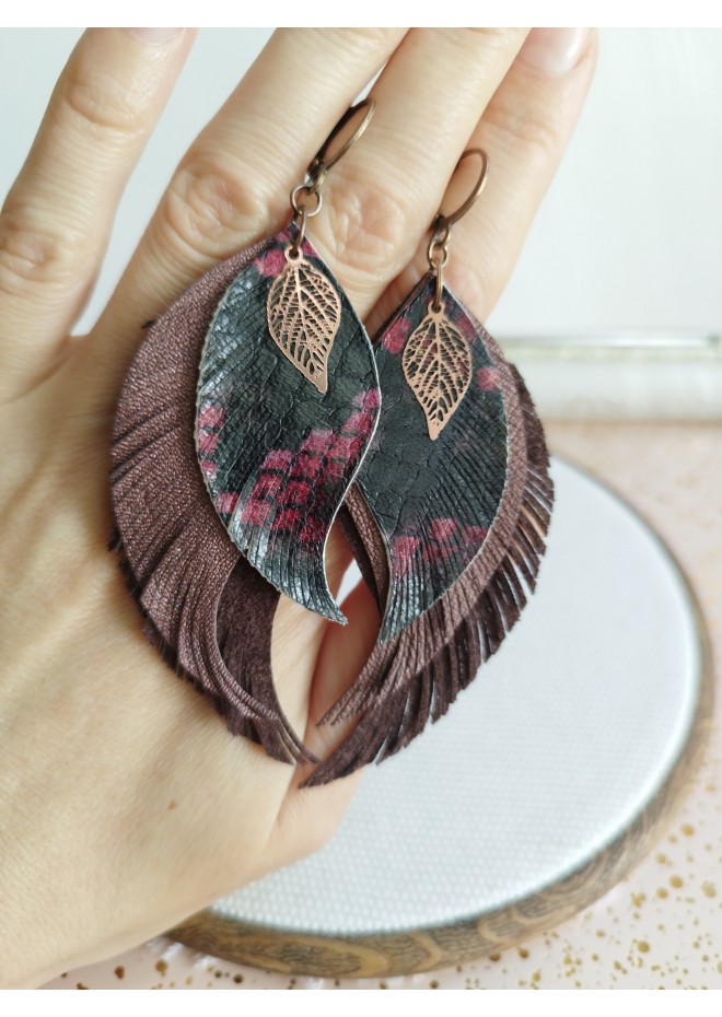 burgundy long feathers earrings genuine leather jewelry  