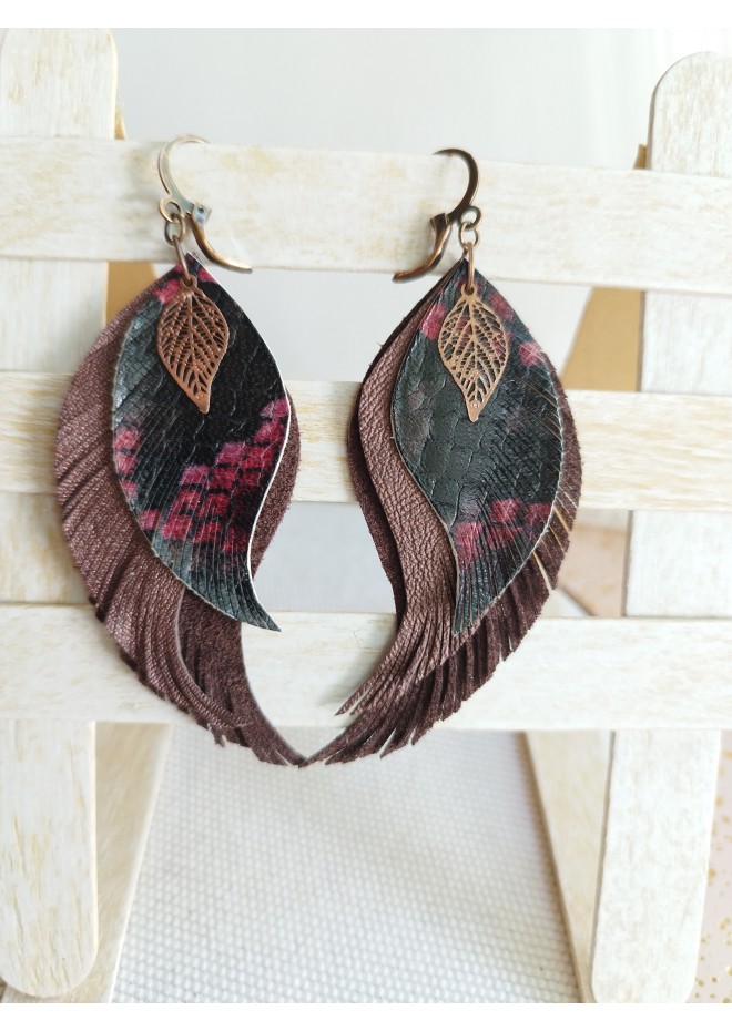 burgundy long feathers earrings genuine leather jewelry  