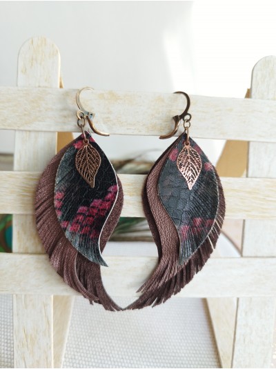 Burgundy leather wings earrings.