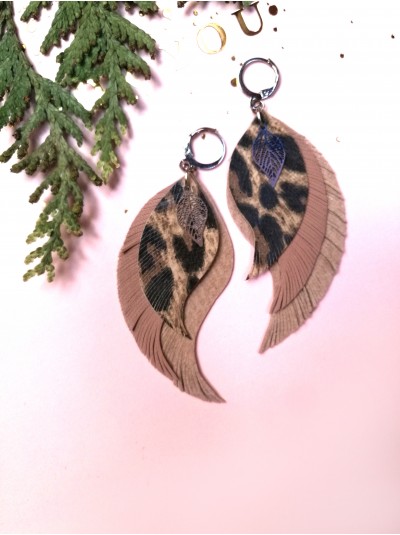 Leopard leather wings earrings. 