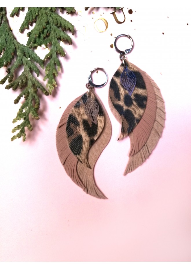 beige long feathers earrings genuine leather jewelry  