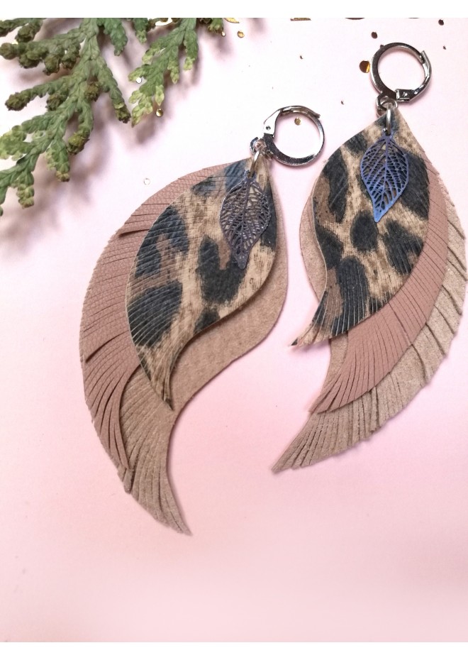 beige long feathers earrings genuine leather jewelry  