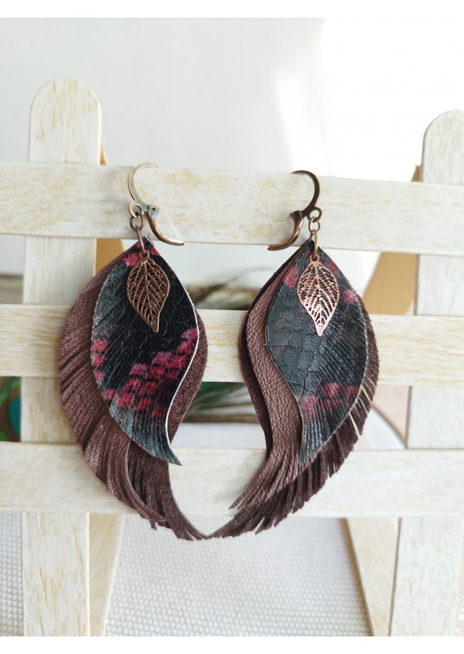 burgundy long feathers earrings genuine leather jewelry  