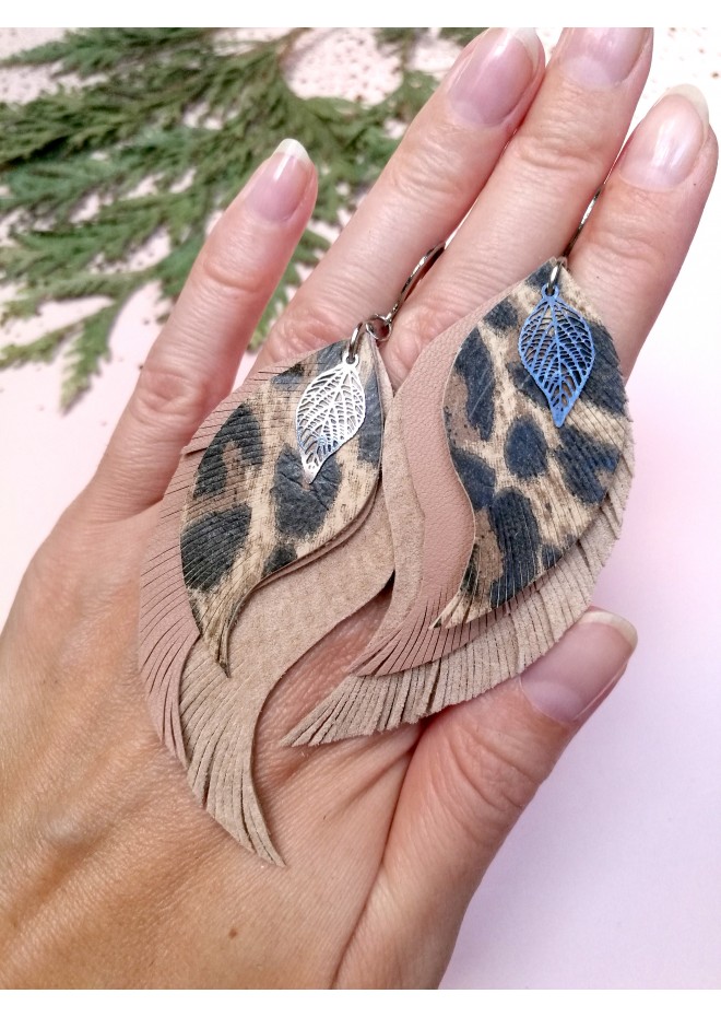 beige long feathers earrings genuine leather jewelry  