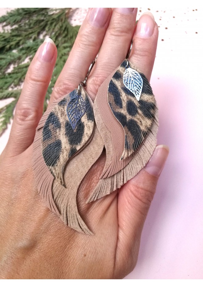 beige long feathers earrings genuine leather jewelry  