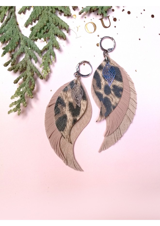 beige long feathers earrings genuine leather jewelry  