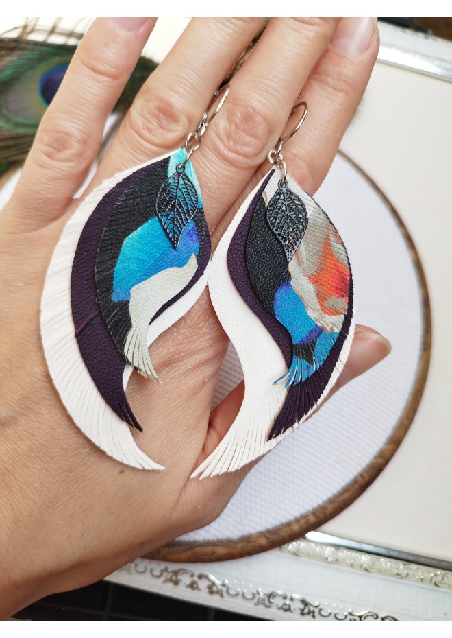 blue white long feathers earrings genuine leather jewelry  