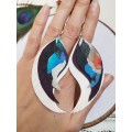 blue white long feathers earrings genuine leather jewelry  