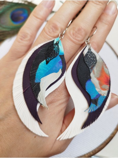 Blue white leather wings earrings.