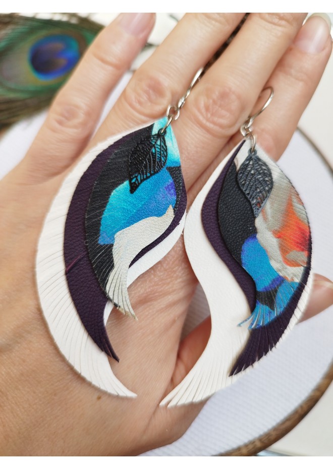 blue white long feathers earrings genuine leather jewelry  