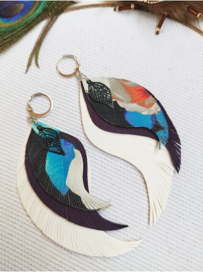 Blue white leather wings earrings.