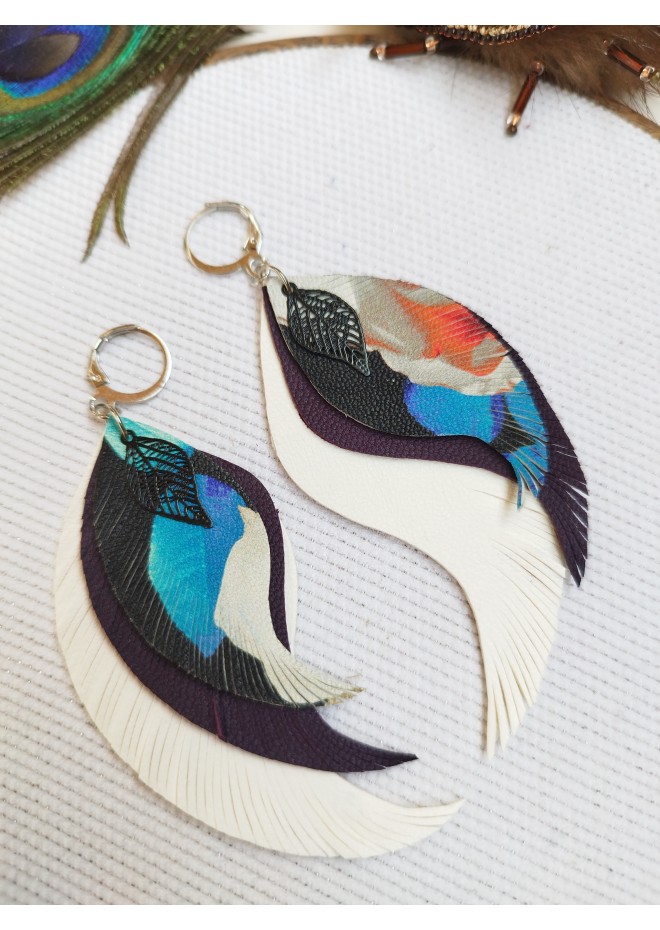 blue white long feathers earrings genuine leather jewelry  