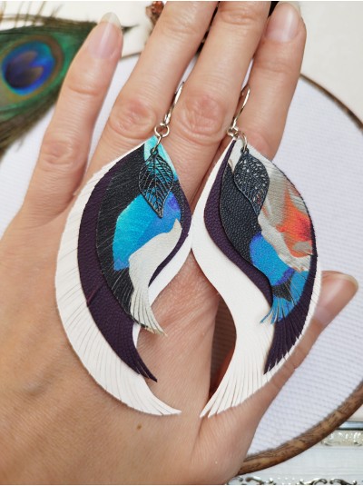 Blue white leather wings earrings.