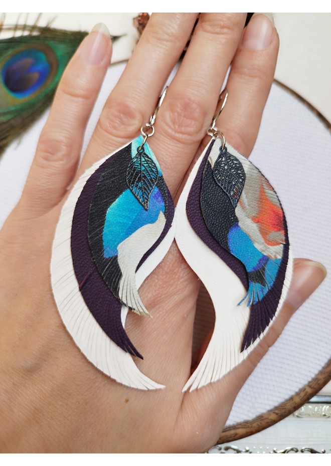 blue white long feathers earrings genuine leather jewelry  