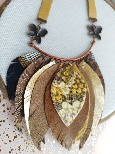 Sand brown leather feather necklace, bib evening jewelry 