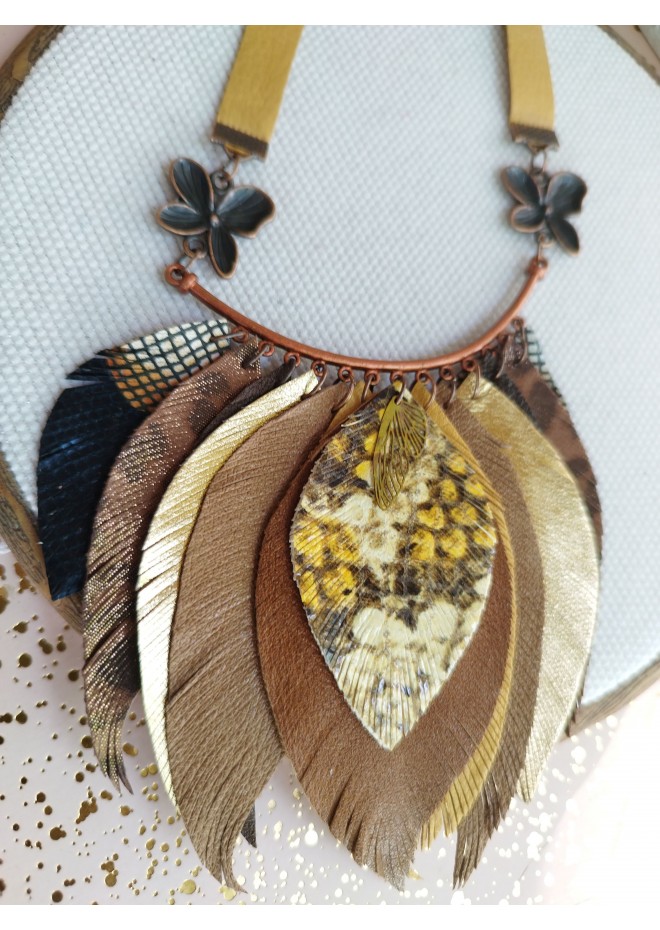 ginger brown leather feather necklace