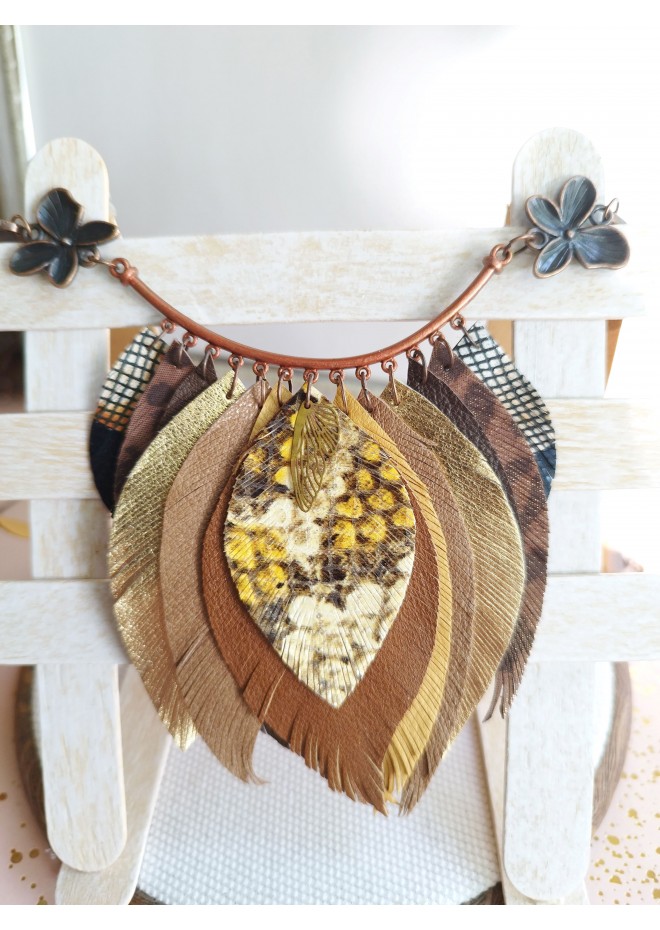 ginger brown leather feather necklace