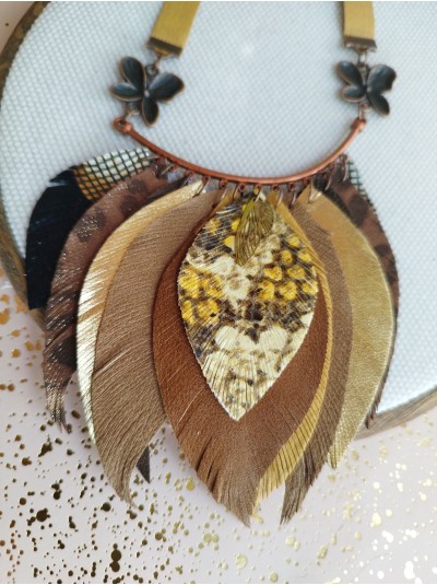 Sand brown leather feather necklace, bib evening jewelry 
