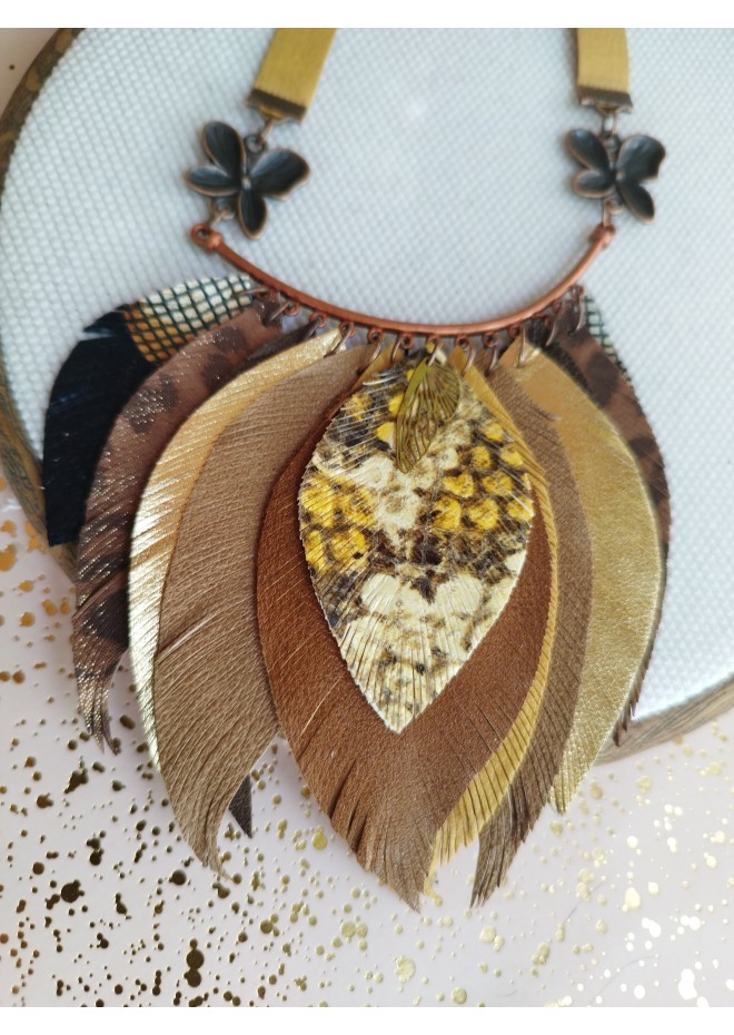ginger brown leather feather necklace