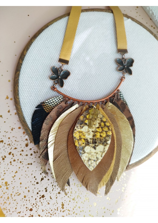 ginger brown leather feather necklace