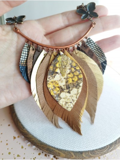 Sand brown leather feather necklace, bib evening jewelry 