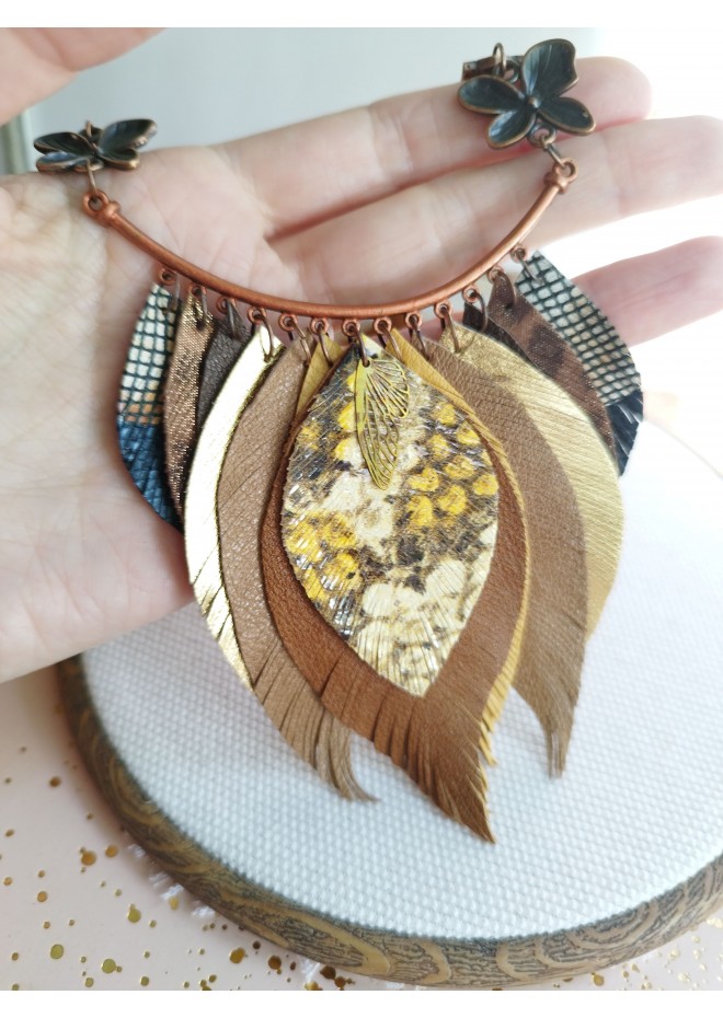 ginger brown leather feather necklace